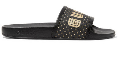 Gucci Leather Trimmed Canvas Slides SEGA Black (W) 67I-H0J007