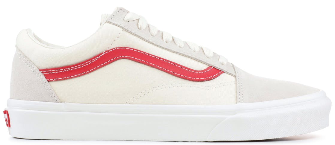 cream and red old skool vans