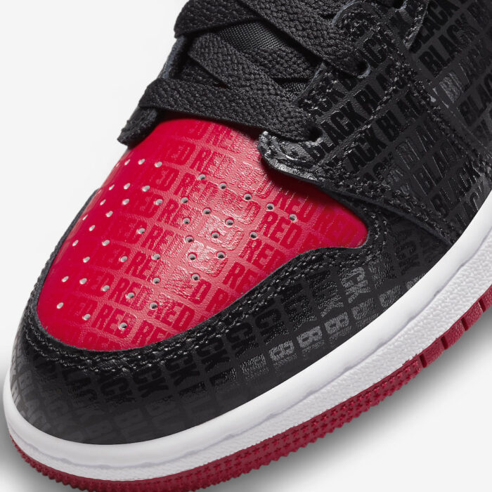 neus, zwart rood van schoen met BRED opdruk van Nike