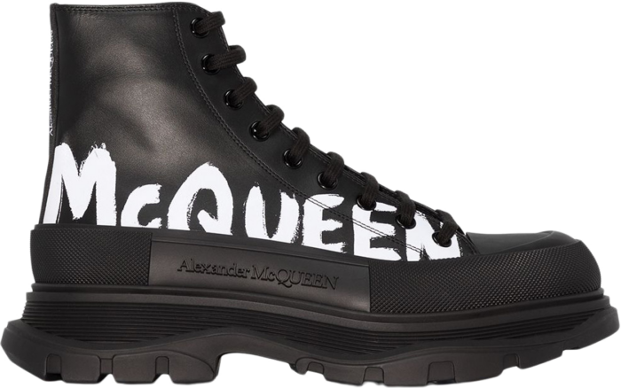 Alexander McQueen Tread Slick Boot Leather Graffiti Black White 682422WIABD