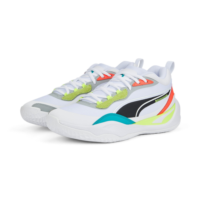 Men’s PUMA Playmaker Pro Basketball Shoe Sneakers, White/Fiery Coral White,Fiery Coral 377572_02