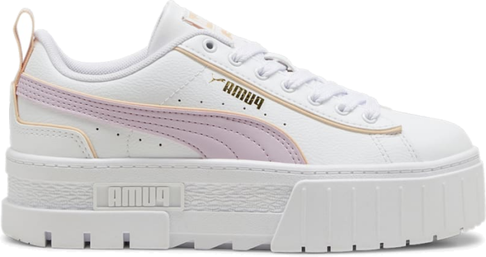 PUMA Mayze Leather Piping Youth Sneakers, White/Grape Mist/Peach Fizz White,Grape Mist,Peach Fizz 396664_01